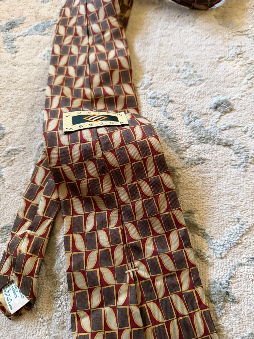 Joseph Abboud Burgundy and Cream Geometric Silk Tie